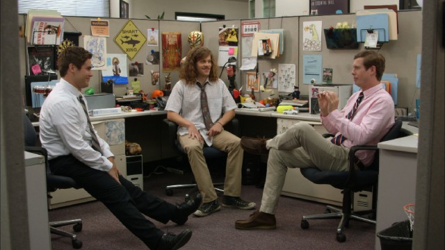 The Workaholics (Adam DeVine, Blake Anderson, and Anders Holm) rarely work in the cubicle they share at TelAmeriCorp.