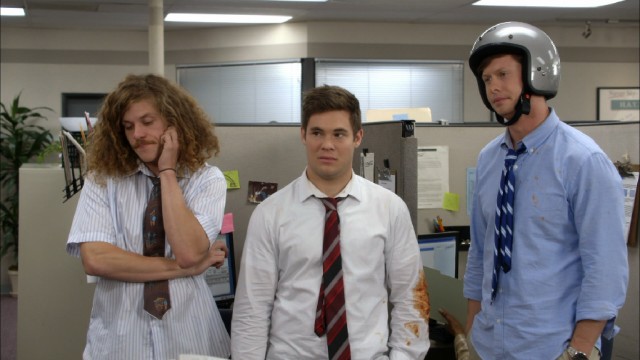 The Workaholics (Blake Anderson, Adam DeVine, Anders Holm) bear the evidence of another work-skipping misadventure.