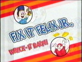 A vintage arcade commercial for Fix-It Felix Jr. perfectly simulates the look of an old degraded VHS.