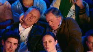 Clive (Jeff Rawle) tries to scratch an itch for Ed (Anthony Head) as the two can't help making noise during an uncomfortably quiet snooker match.