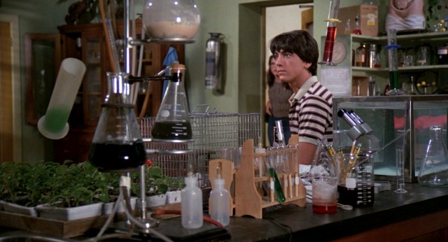 In "Zapped!", science nerd Barney Springboro (Scott Baio) develops telekinetic powers, which he uses here to make lab items float.