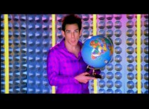 Derek Zoolander (Ben Stiller) holds a globe in his globalization PSA.