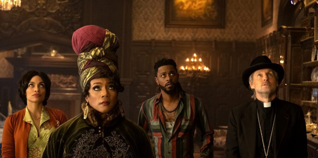 In Disney's 2023 "Haunted Mansion", four strangers (Rosario Dawson, Tiffany Haddish, LaKeith Stanfield, and Owen Wilson) come together to deal with a haunted mansion.