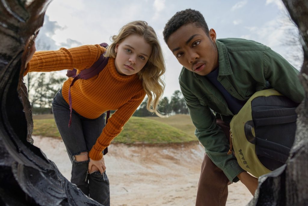 Teenagers Chloe (Kylie Rogers) and Adam (Asante Blackk) endure their teenage years under alien overlords in "Landscape with Invisible Hand."