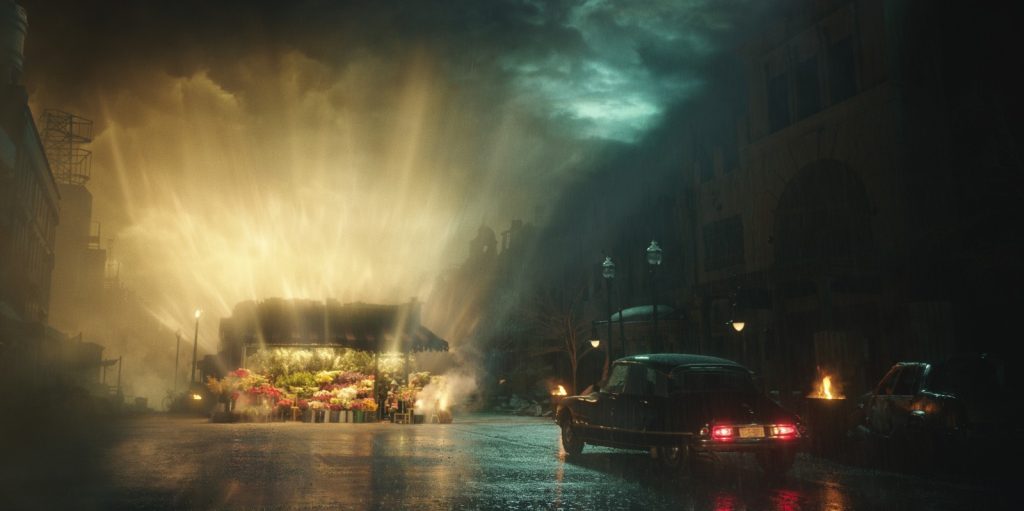 Megalopolis 5 A flower shop glows in the night in a scene from Francis Ford Coppola's imaginative "Megalopolis."