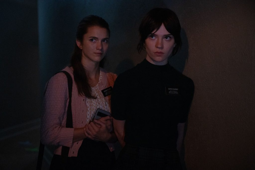 Mormon missionaries Sister Paxton (Chloe East) and Barnes (Sophie Thatcher) find themselves on a dangerous housecall in the horror film "Heretic."