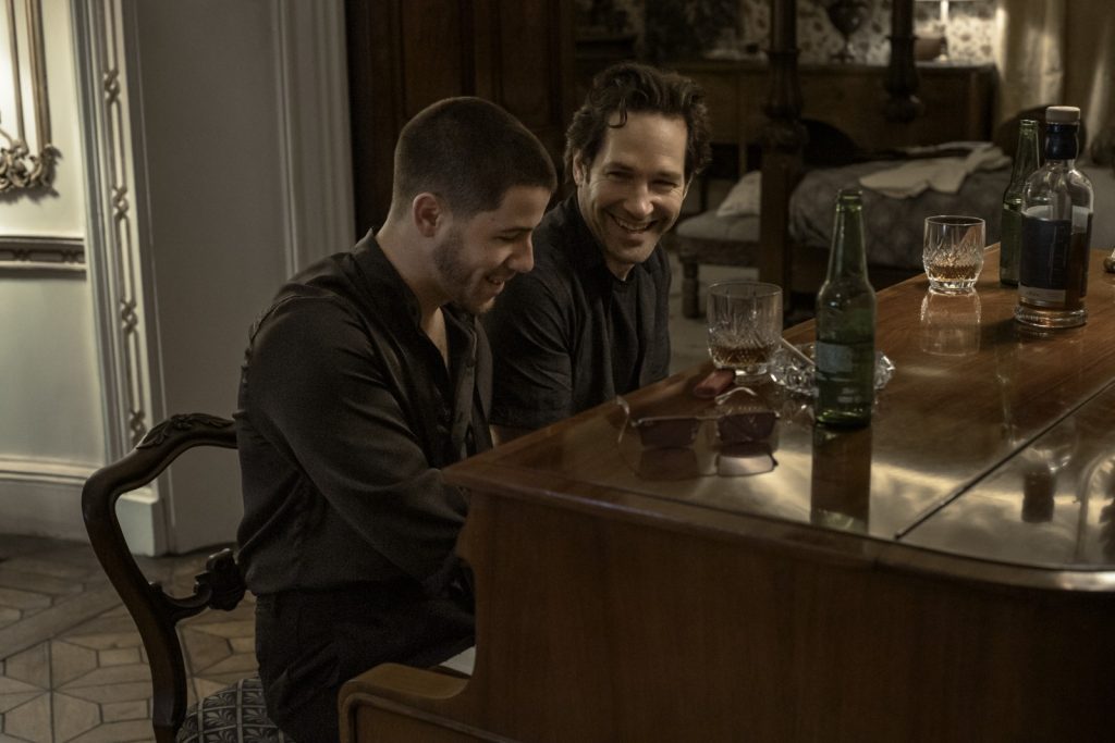 Danny Wilson (Nick Jonas) and Rick Power (Paul Rudd) enjoy a late night jam sesh together in John Carney's "Power Ballad."